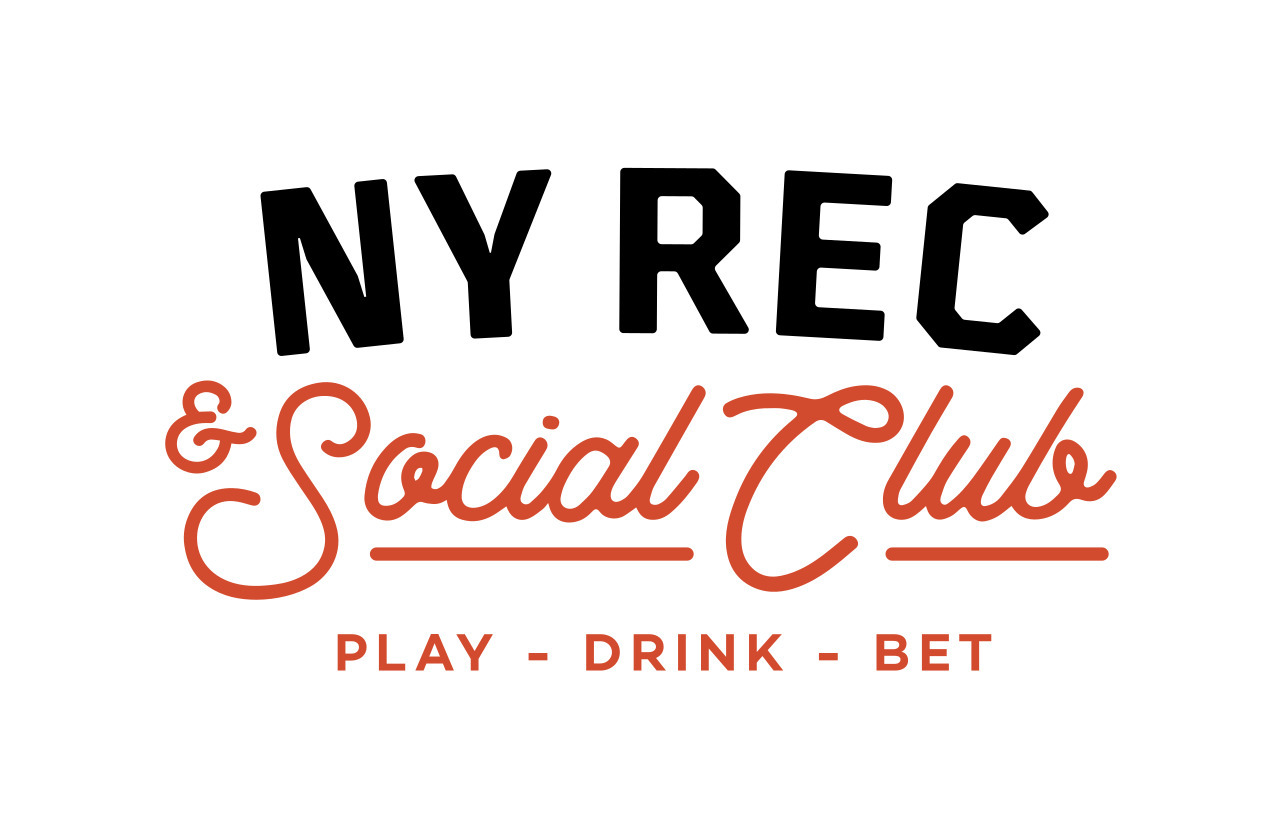 Logo for NY Rec & Social Club with bold black and orange lettering and the tagline "Play - Drink - Bet".
