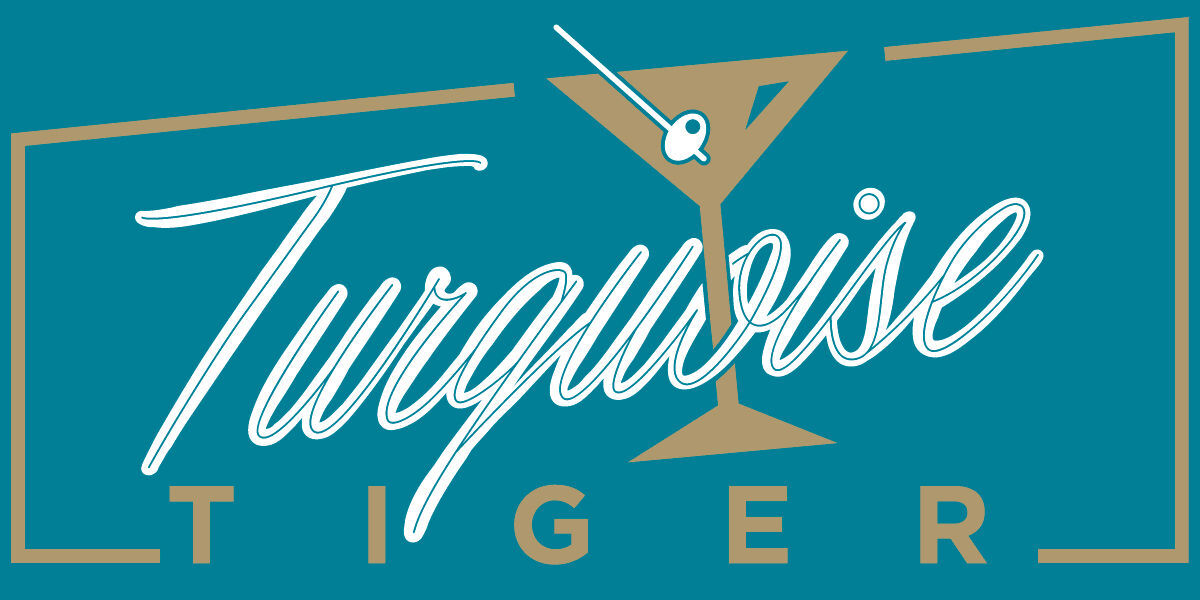 Turquoise Tiger lounge logo with a martini glass and script-style turquoise lettering on a teal background.