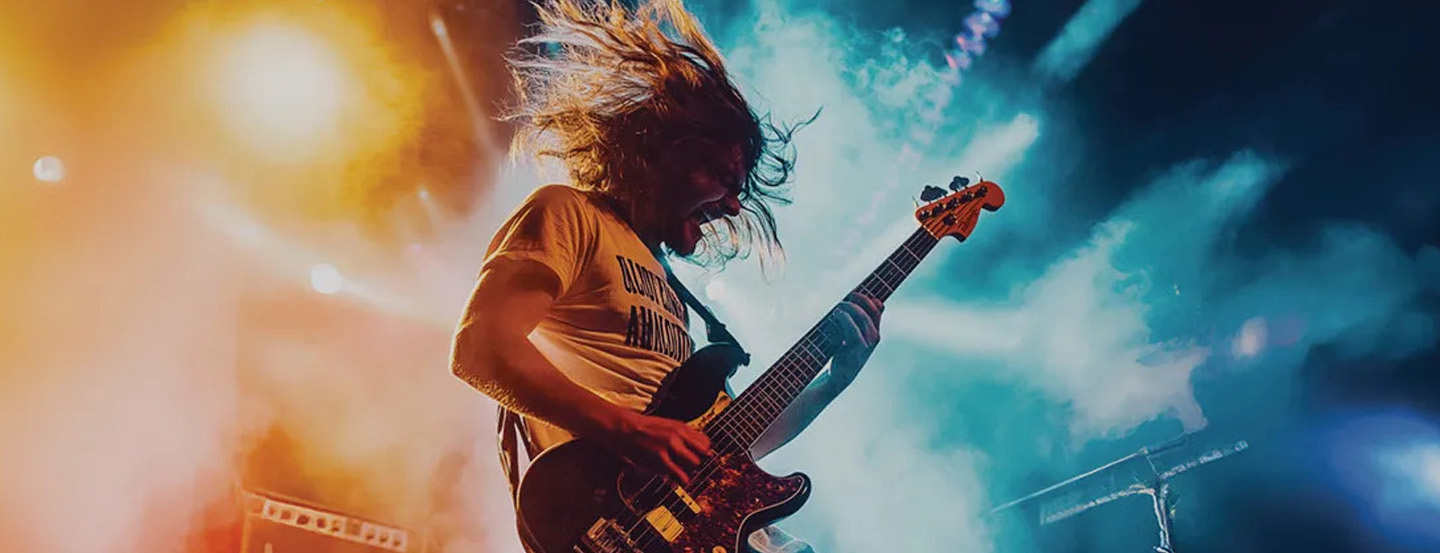 Rock musician playing electric guitar on stage under colorful lights with hair flying mid-performance